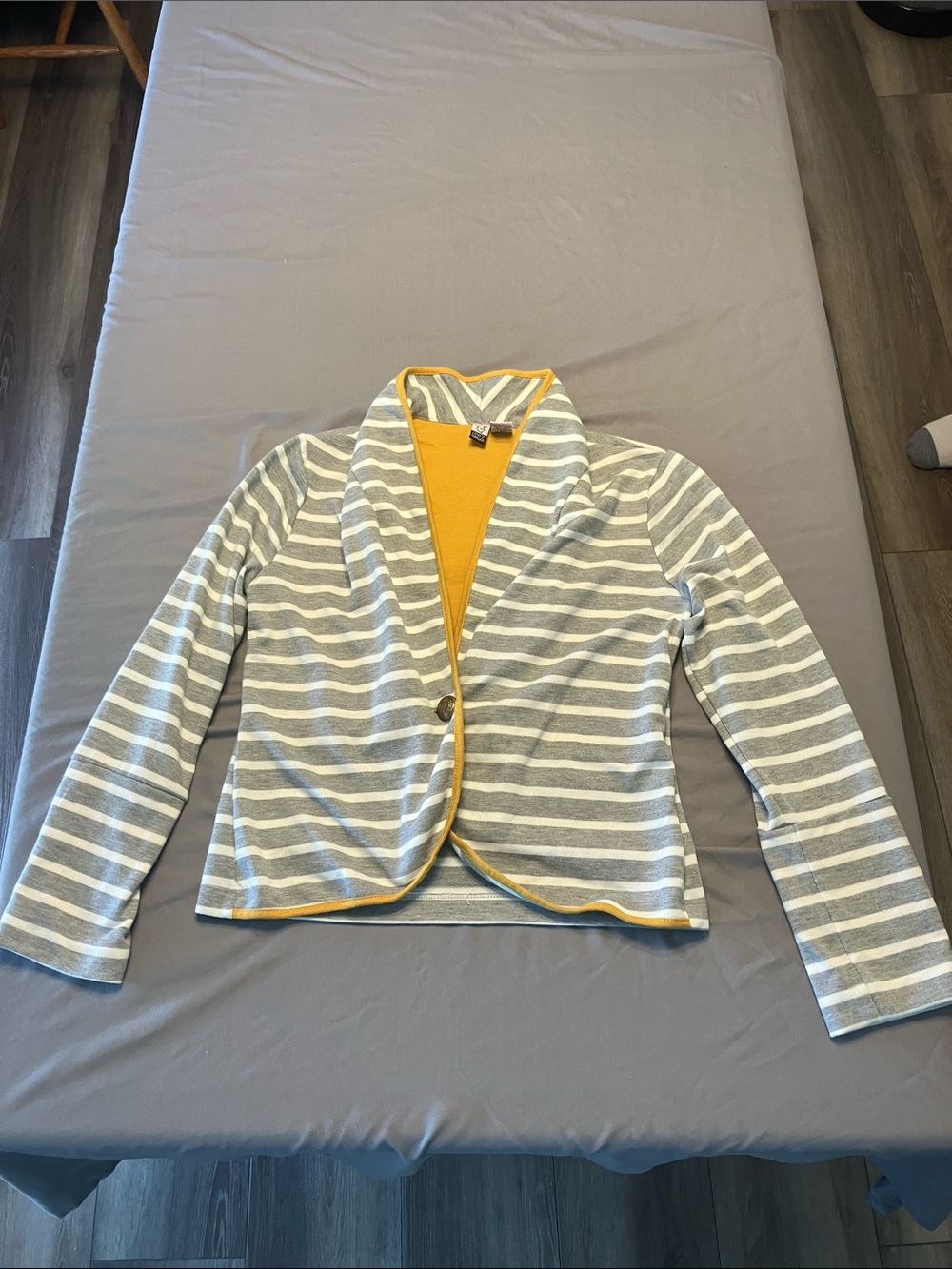 love on a hanger Gray and White Striped Blazer with Yellow Trim